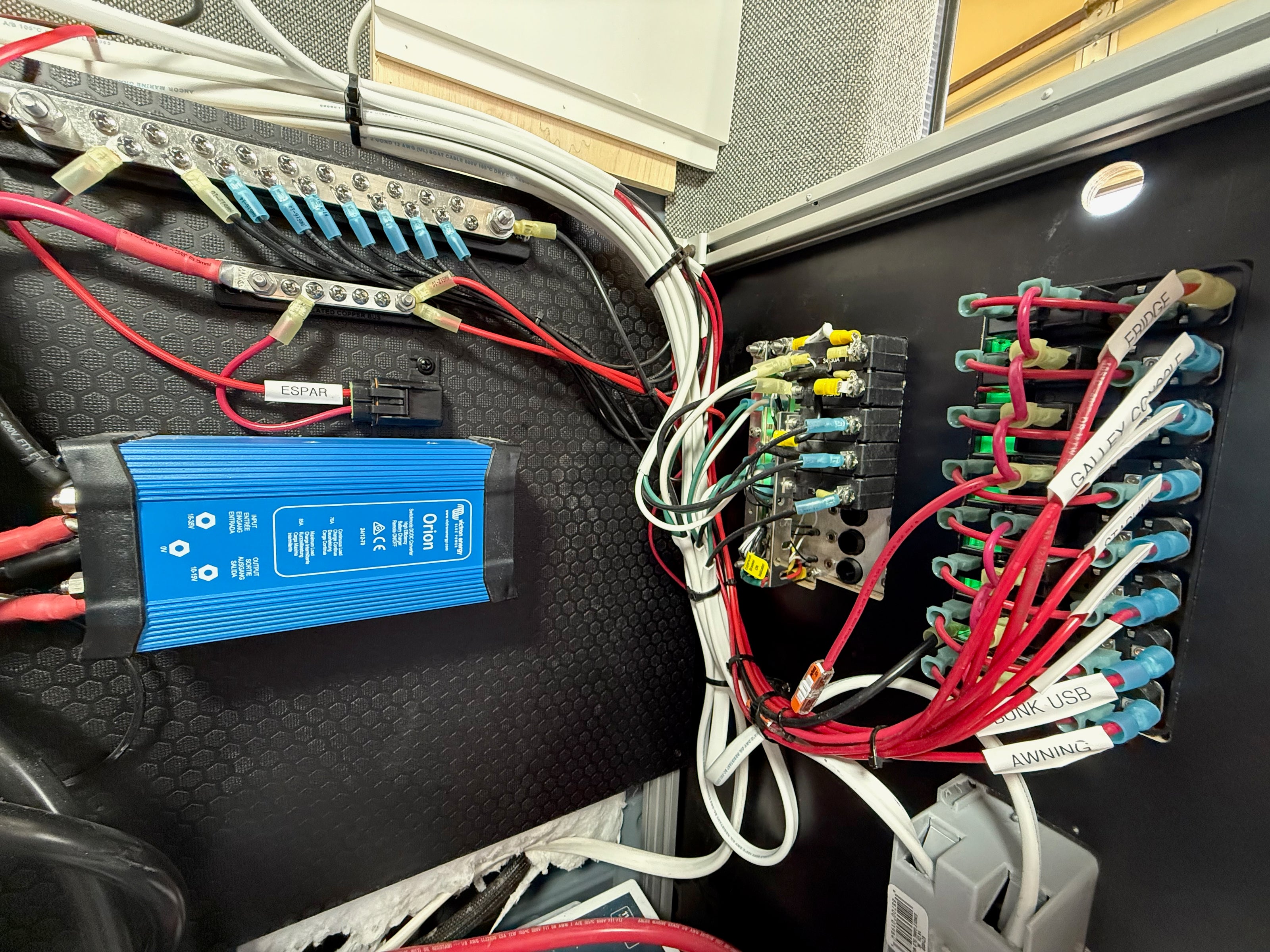 Labeled DC circuits — Orion, Espar, fridge, galley, bunk USB