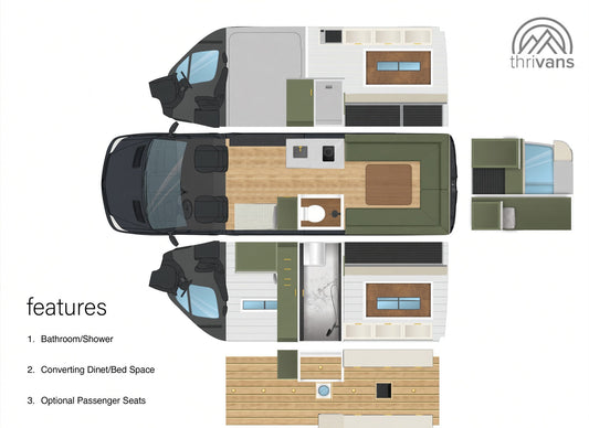 Snowbird layout — dinette version (U-shaped seats + table in the rear)