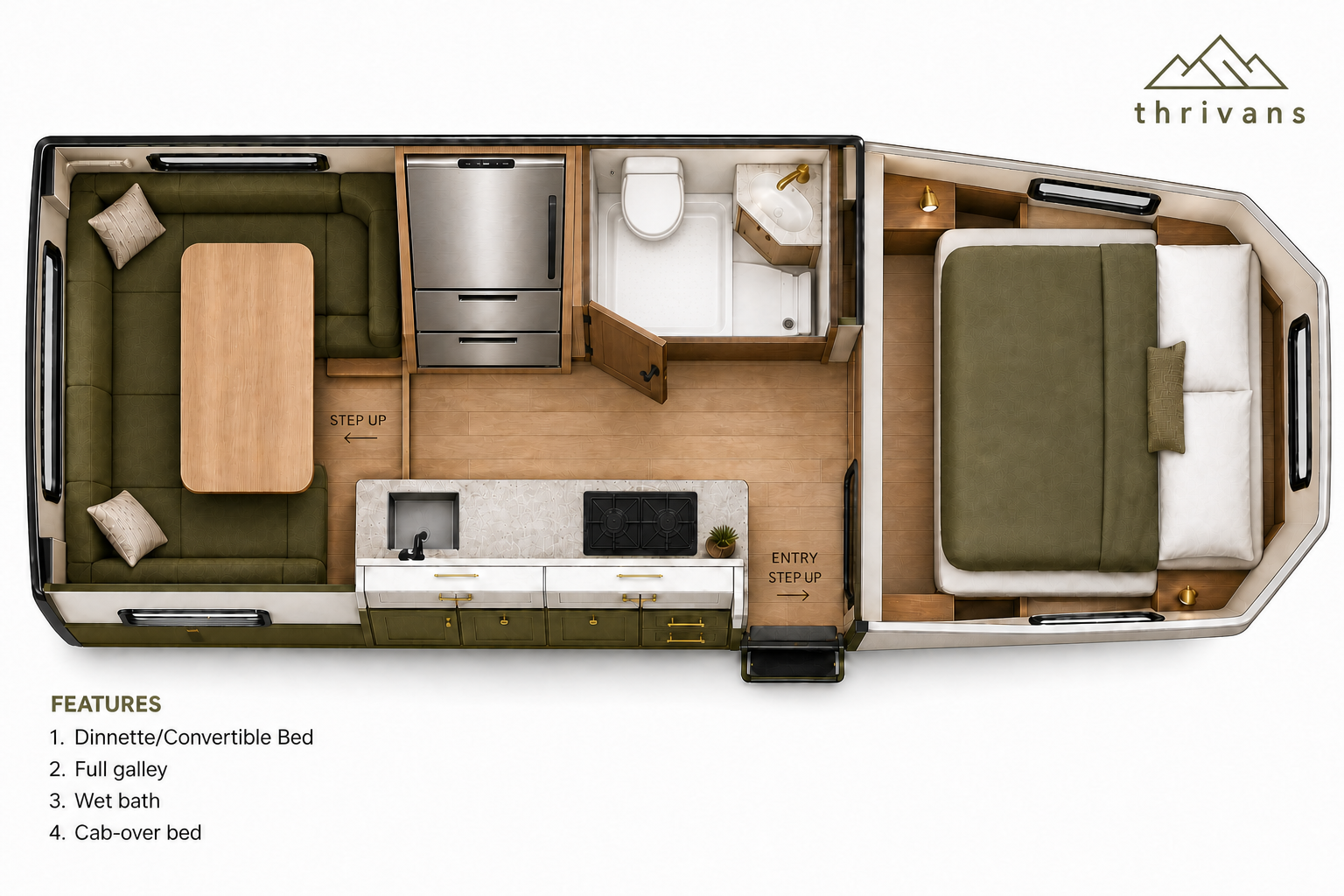 Thrivans truck camper floorplan — U-dinette, full galley, wet bath, cab-over bed